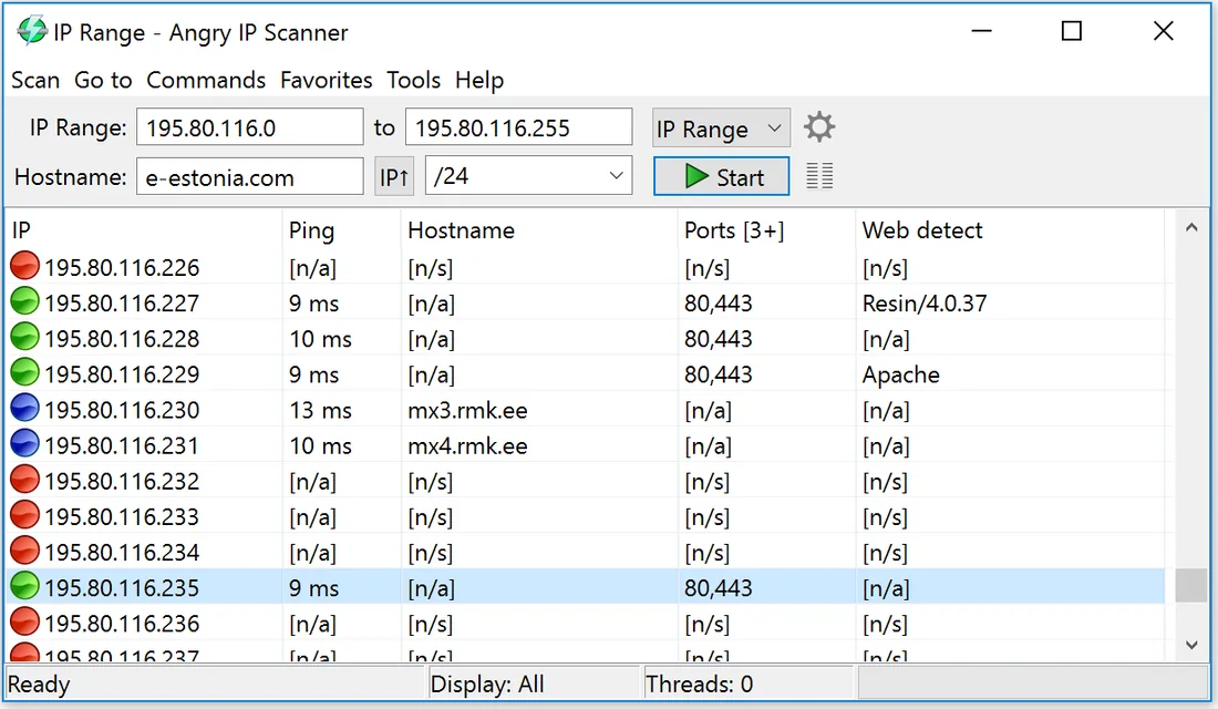 Angry IP Scanner main window with an empty results table