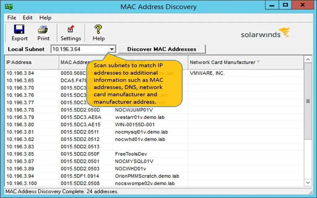 Engineer's Toolset MAC discovery results