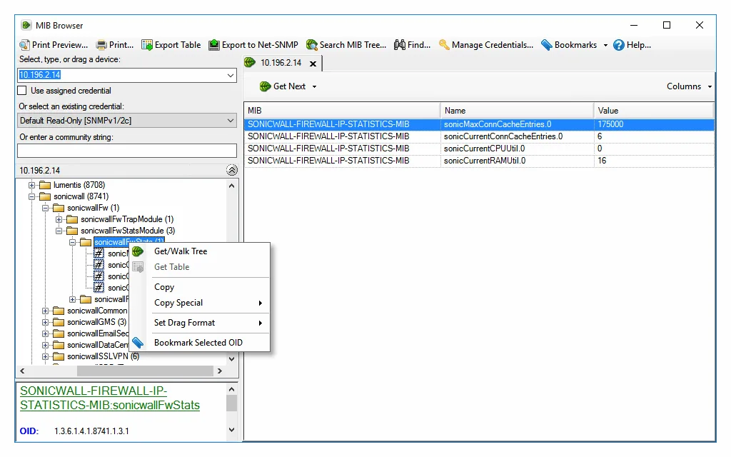 MIB browser walking an SNMP device