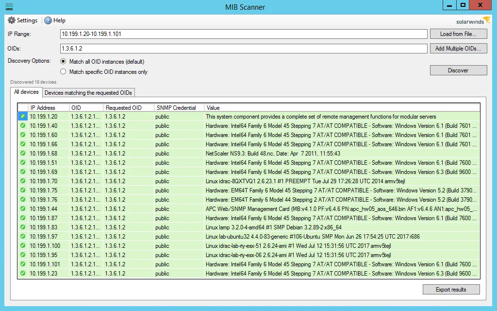 MIB scanner checking a range of devices