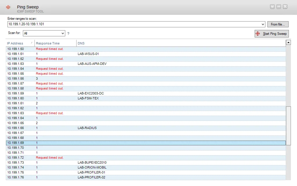 Ping sweep utility covering an address range